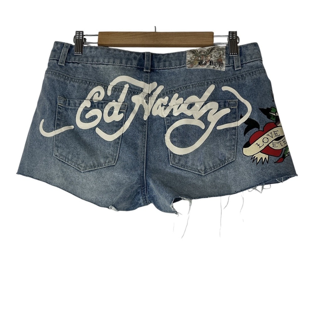 Ed Hardy Jean Shorts Women's Size 28 Blue "Love Etern" Denim Cut Off NWOT